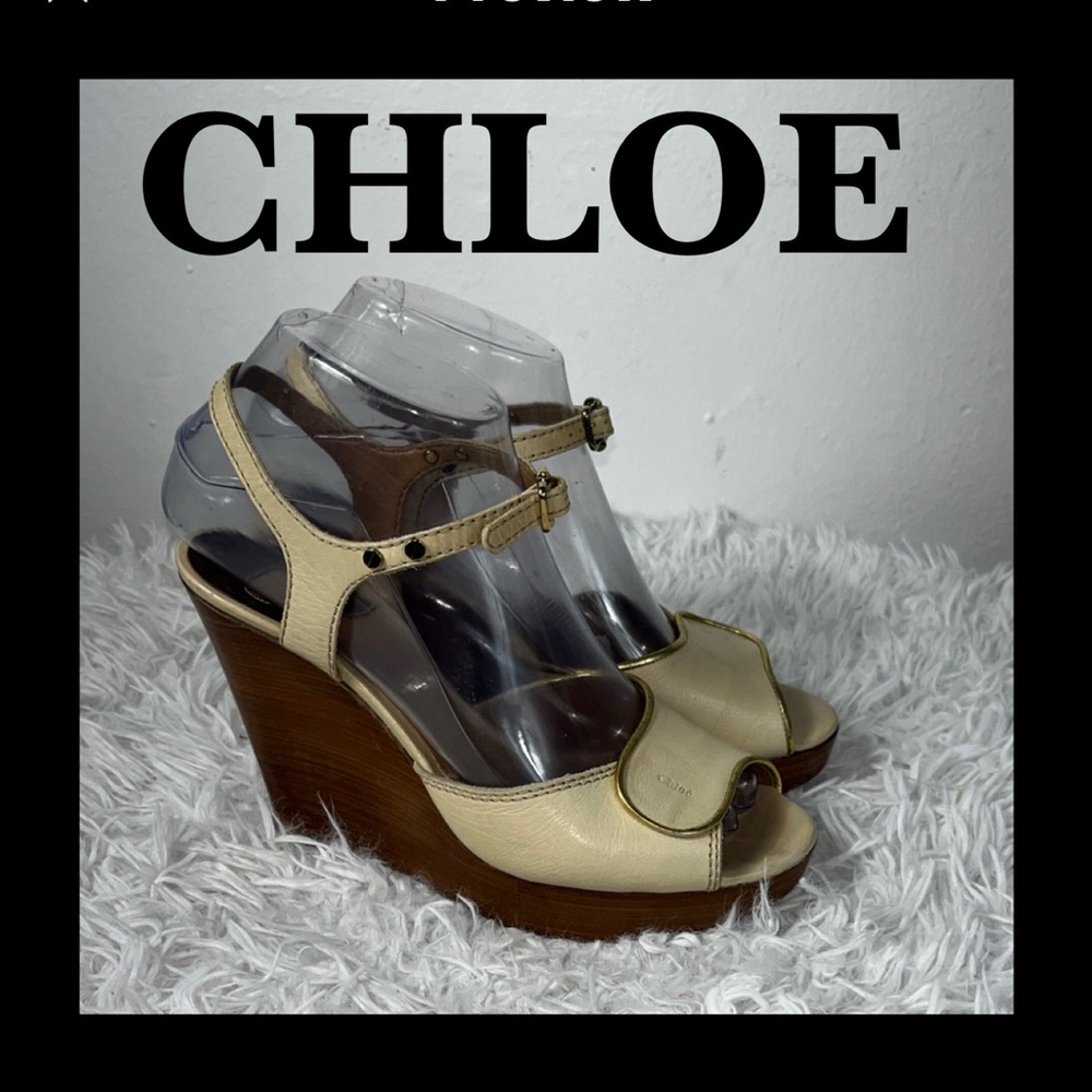 Chloe Beige Leather Wedge Sandals